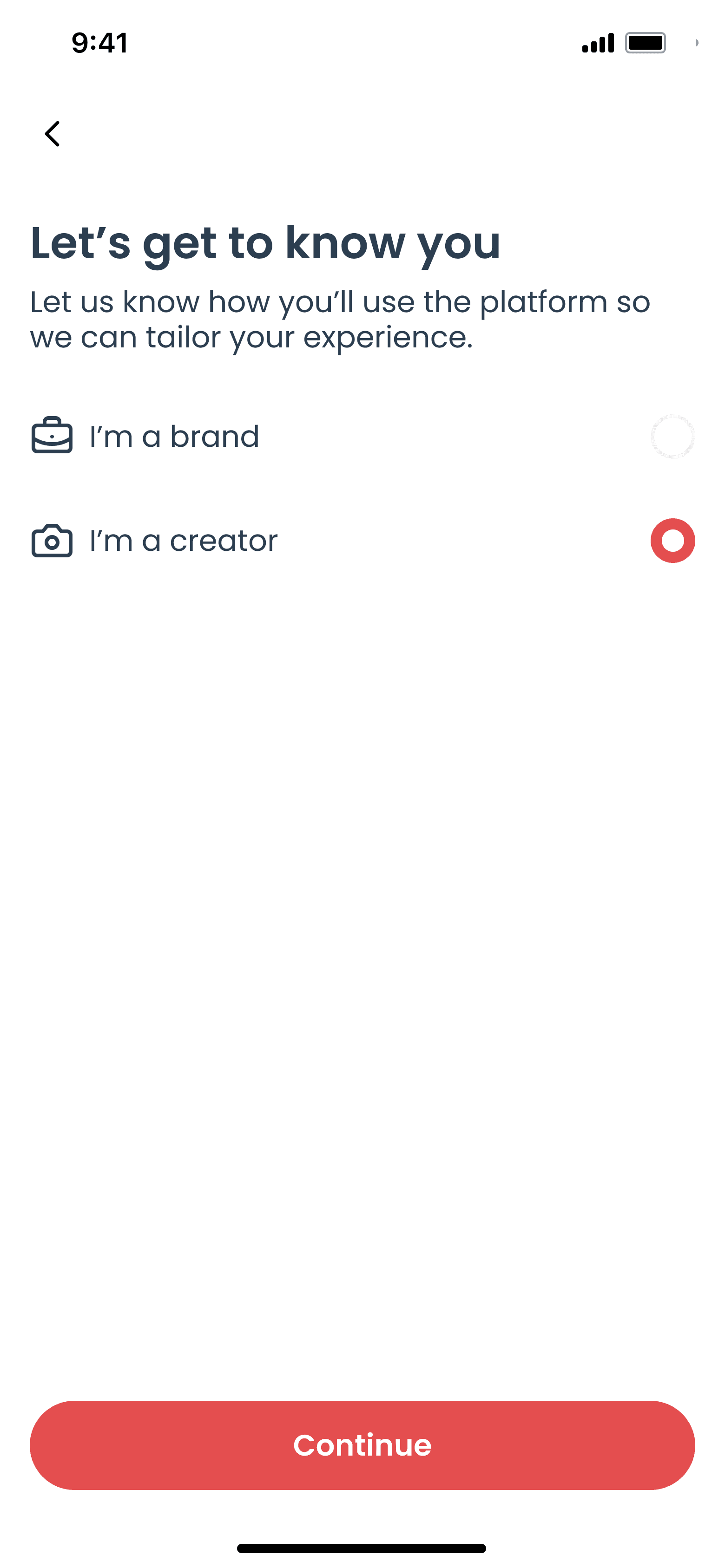 Select brand or creator role screen